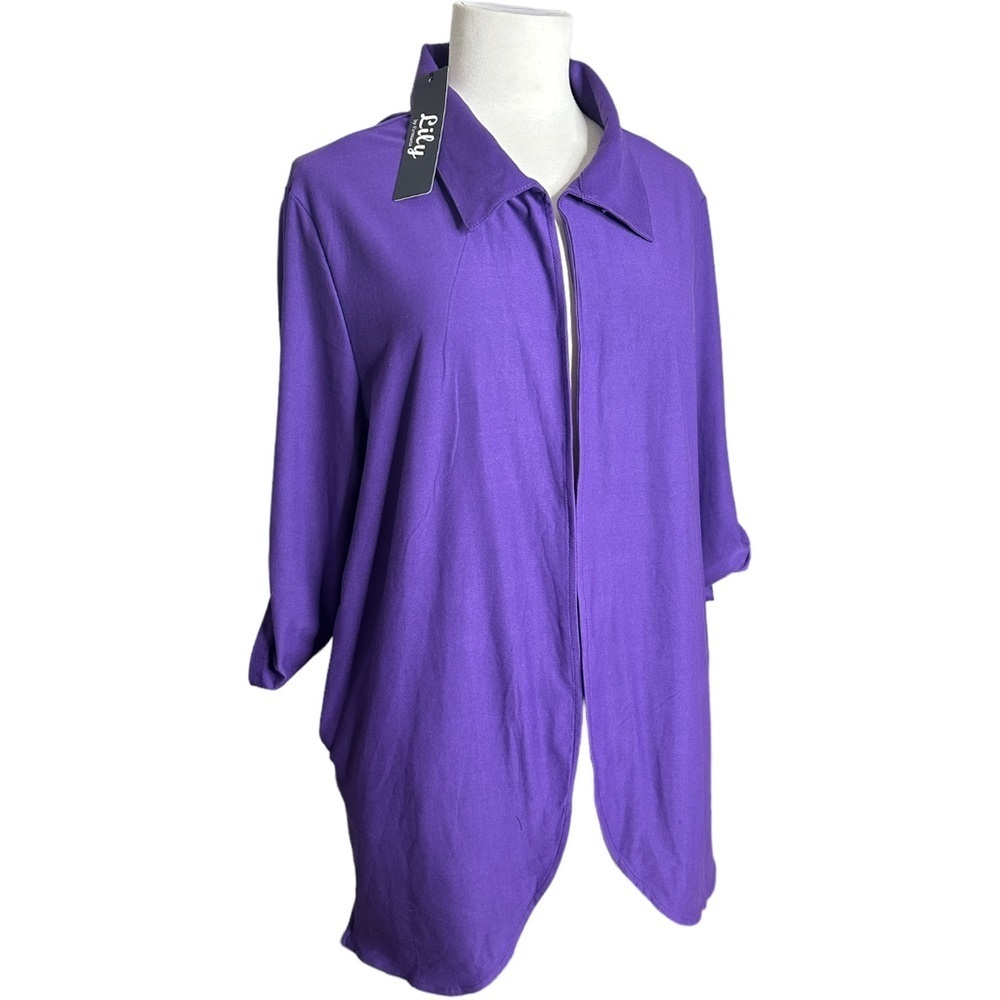 Purple Open Front Layering Tab Roll Sleeve Stretchy Tunic Top 1X